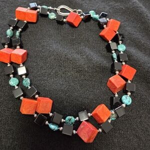 Red and Black Real Coral and Turquoise Beaded Necklace